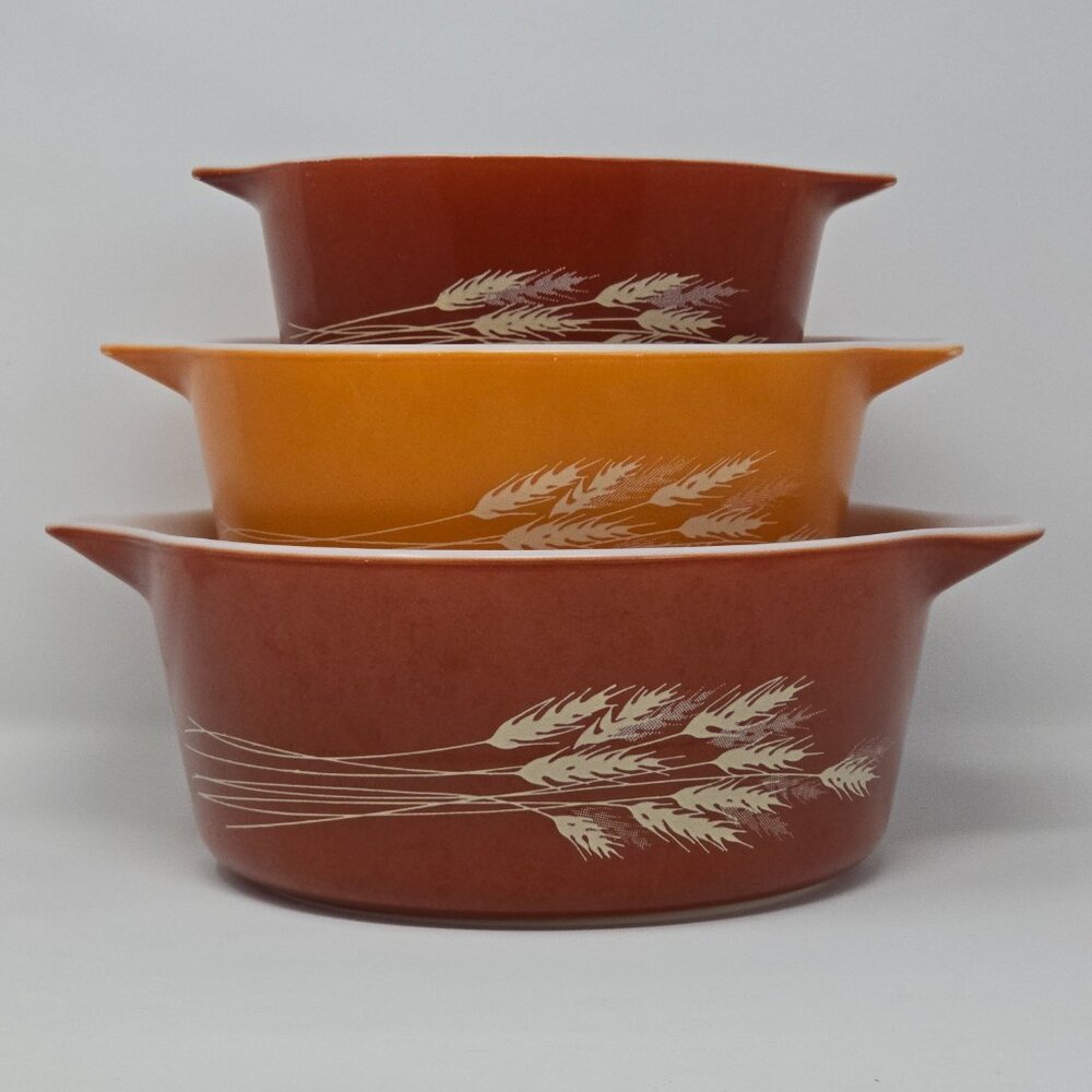 Vintage Pyrex Autumn Harvest Wheat Casserole Set 473-B 474-B 475-B - Picture 2 of 14